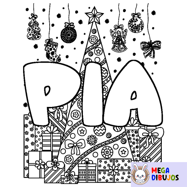 Coloraci&oacute;n del nombre PIA - decorado &aacute;rbol de Navidad y regalos