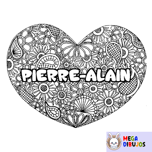Coloraci&oacute;n del nombre PIERRE-ALAIN - decorado mandala de coraz&oacute;n