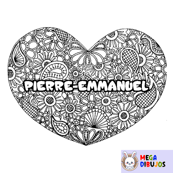 Coloraci&oacute;n del nombre PIERRE-EMMANUEL - decorado mandala de coraz&oacute;n