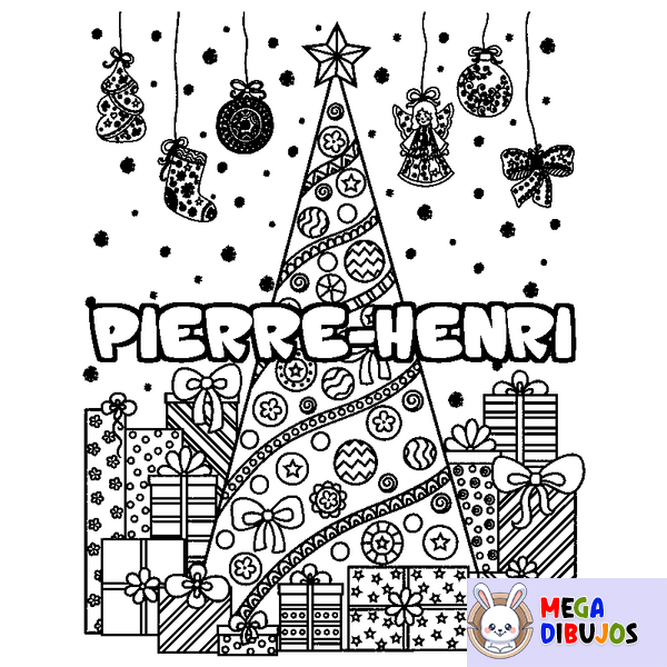 Coloraci&oacute;n del nombre PIERRE-HENRI - decorado &aacute;rbol de Navidad y regalos
