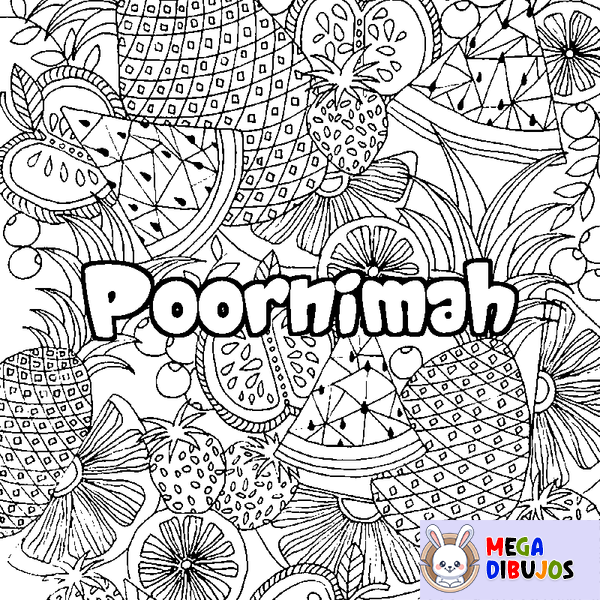 Coloraci&oacute;n del nombre Poornimah - decorado mandala de frutas