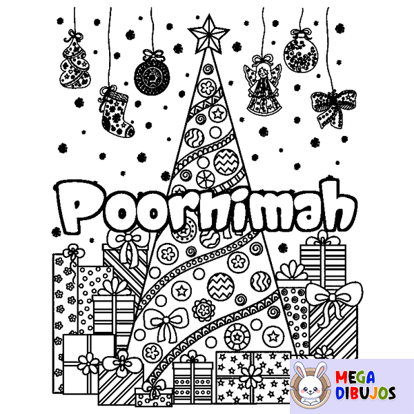 Coloraci&oacute;n del nombre Poornimah - decorado &aacute;rbol de Navidad y regalos
