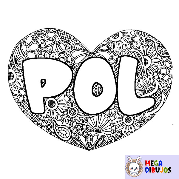 Coloraci&oacute;n del nombre POL - decorado mandala de coraz&oacute;n