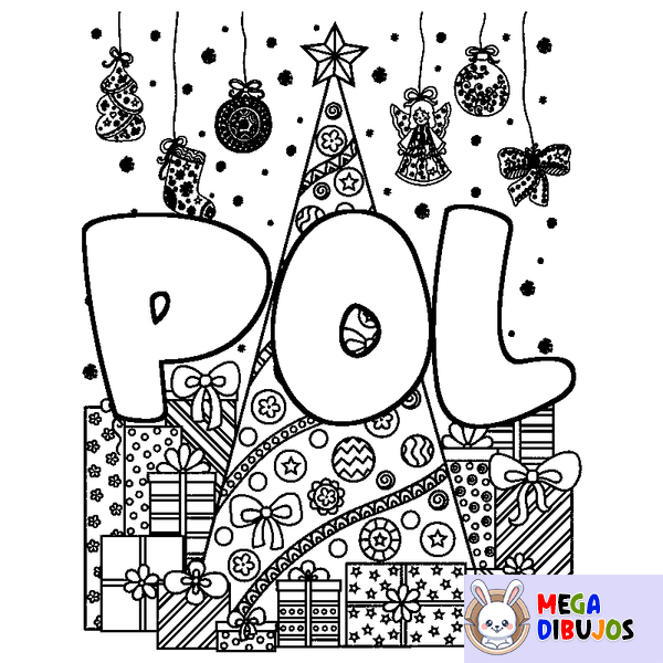 Coloraci&oacute;n del nombre POL - decorado &aacute;rbol de Navidad y regalos