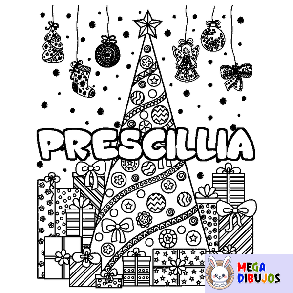 Coloraci&oacute;n del nombre PRESCILLIA - decorado &aacute;rbol de Navidad y regalos