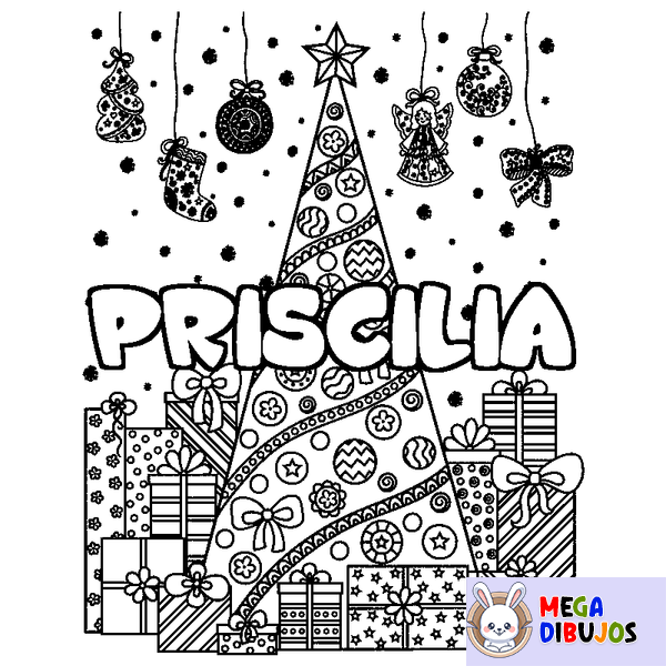 Coloraci&oacute;n del nombre PRISCILIA - decorado &aacute;rbol de Navidad y regalos