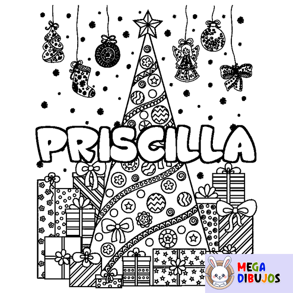 Coloraci&oacute;n del nombre PRISCILLA - decorado &aacute;rbol de Navidad y regalos