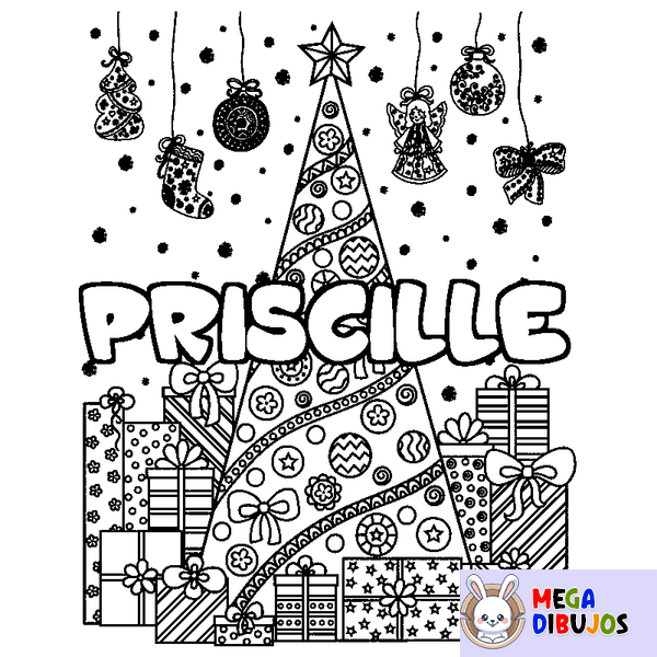Coloraci&oacute;n del nombre PRISCILLE - decorado &aacute;rbol de Navidad y regalos