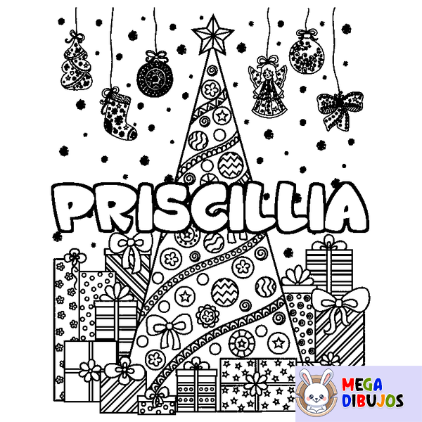 Coloraci&oacute;n del nombre PRISCILLIA - decorado &aacute;rbol de Navidad y regalos