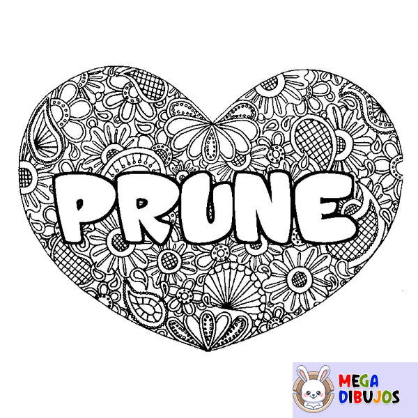 Coloraci&oacute;n del nombre PRUNE - decorado mandala de coraz&oacute;n