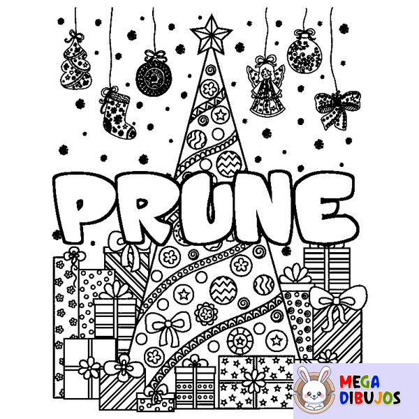 Coloraci&oacute;n del nombre PRUNE - decorado &aacute;rbol de Navidad y regalos