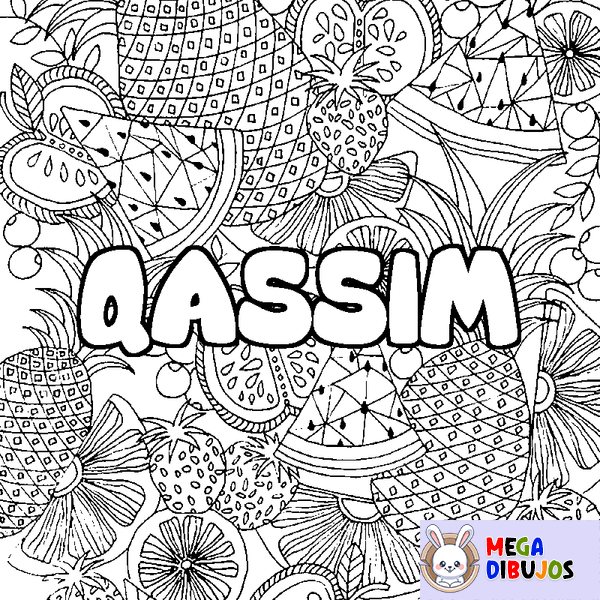 Coloraci&oacute;n del nombre QASSIM - decorado mandala de frutas