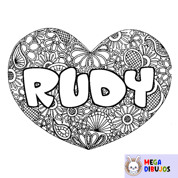 Coloraci&oacute;n del nombre RUDY - decorado mandala de coraz&oacute;n