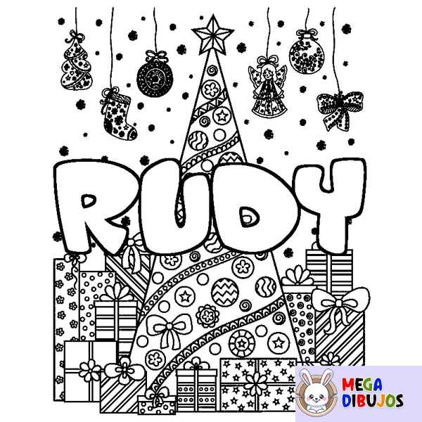 Coloraci&oacute;n del nombre RUDY - decorado &aacute;rbol de Navidad y regalos