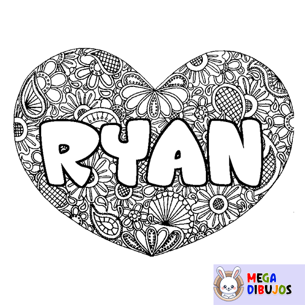 Coloraci&oacute;n del nombre RYAN - decorado mandala de coraz&oacute;n