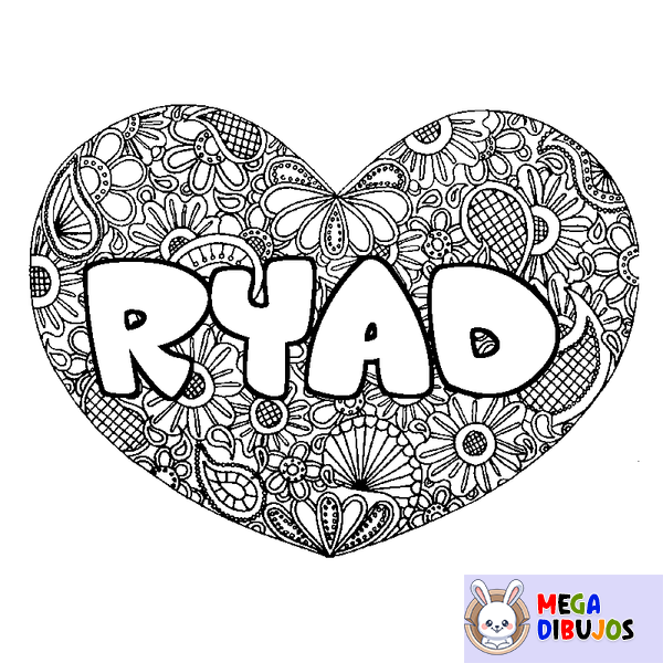 Coloraci&oacute;n del nombre RYAD - decorado mandala de coraz&oacute;n