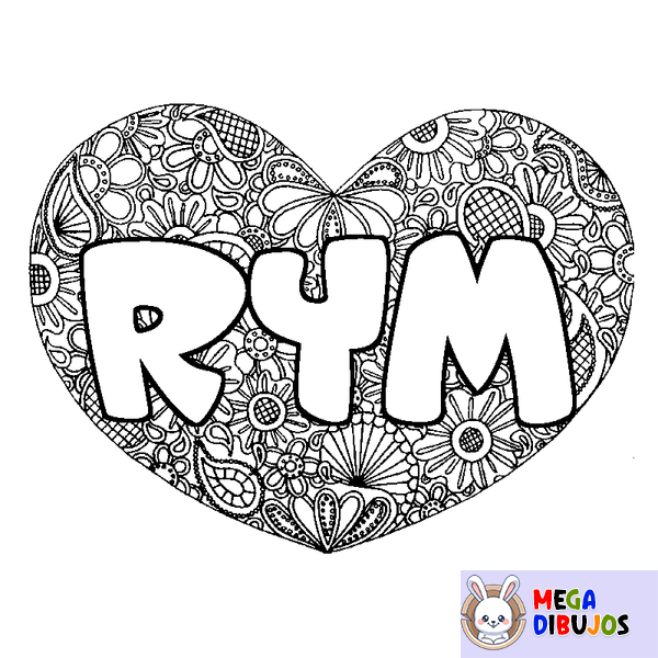 Coloraci&oacute;n del nombre RYM - decorado mandala de coraz&oacute;n