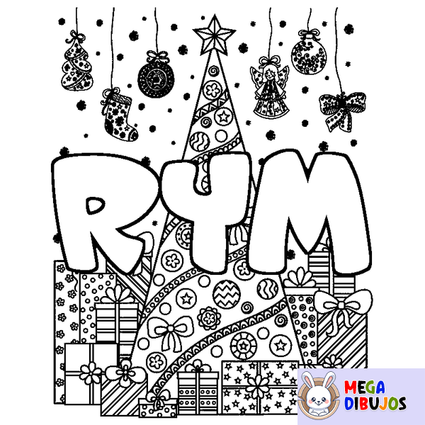 Coloraci&oacute;n del nombre RYM - decorado &aacute;rbol de Navidad y regalos