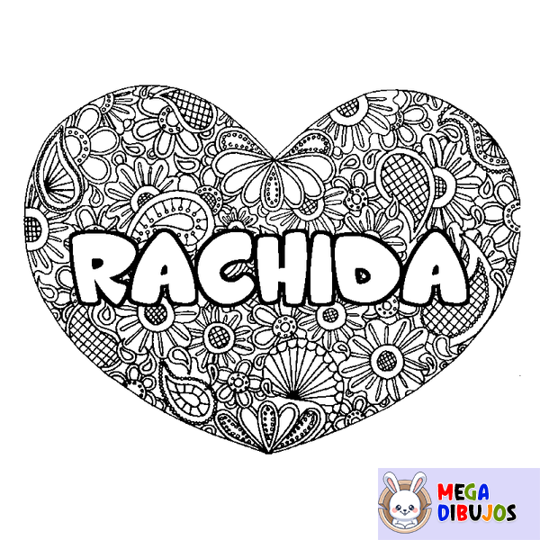 Coloraci&oacute;n del nombre RACHIDA - decorado mandala de coraz&oacute;n