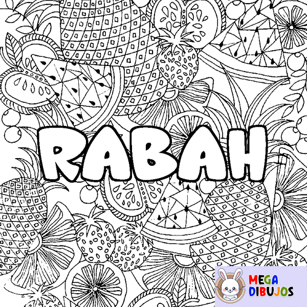 Coloraci&oacute;n del nombre RABAH - decorado mandala de frutas