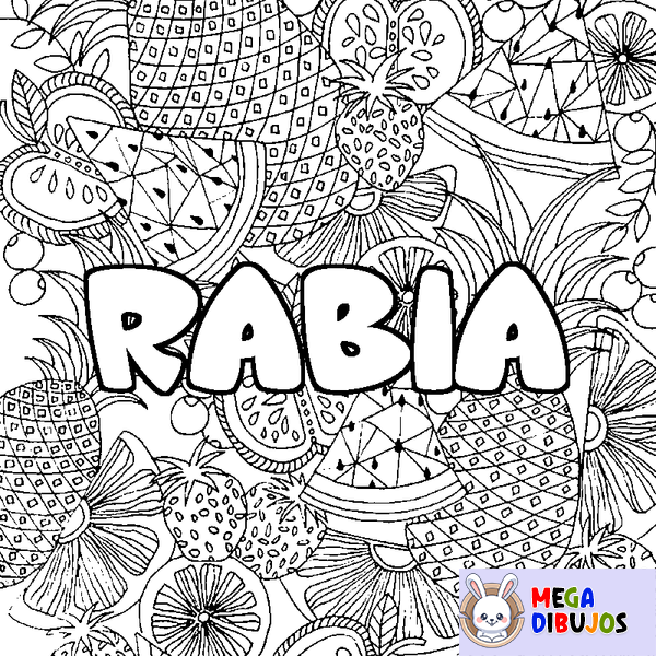 Coloraci&oacute;n del nombre RABIA - decorado mandala de frutas