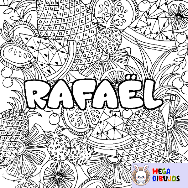 Coloraci&oacute;n del nombre RAFA&Euml;L - decorado mandala de frutas