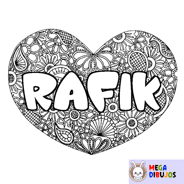 Coloraci&oacute;n del nombre RAFIK - decorado mandala de coraz&oacute;n