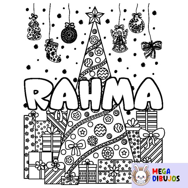 Coloraci&oacute;n del nombre RAHMA - decorado &aacute;rbol de Navidad y regalos