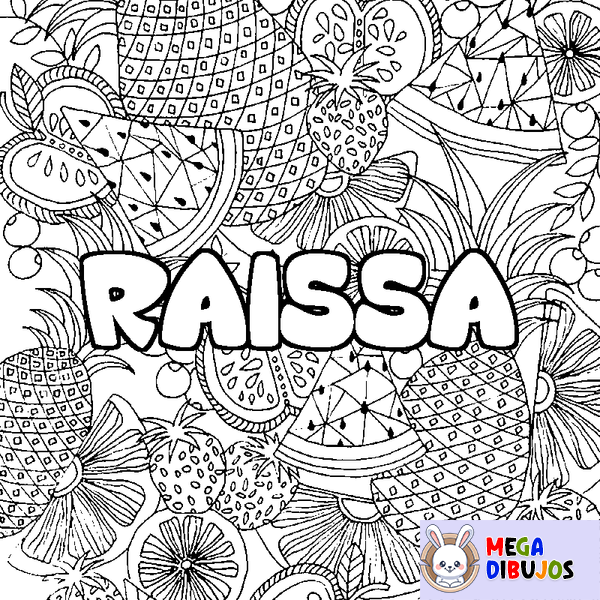 Coloraci&oacute;n del nombre RAISSA - decorado mandala de frutas