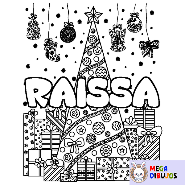 Coloraci&oacute;n del nombre RAISSA - decorado &aacute;rbol de Navidad y regalos