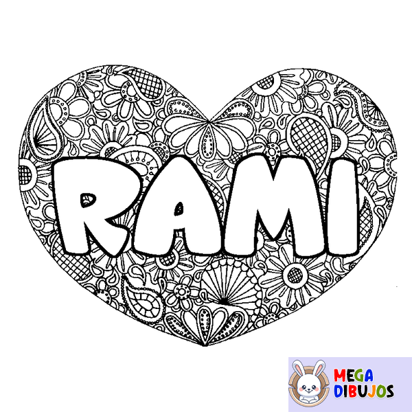 Coloraci&oacute;n del nombre RAMI - decorado mandala de coraz&oacute;n