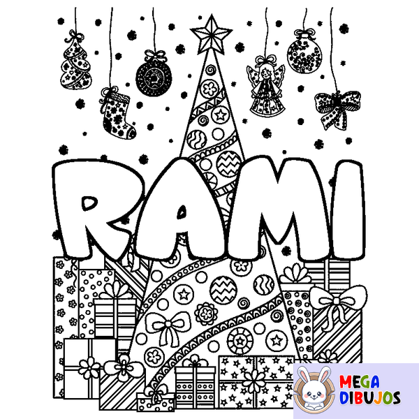 Coloraci&oacute;n del nombre RAMI - decorado &aacute;rbol de Navidad y regalos