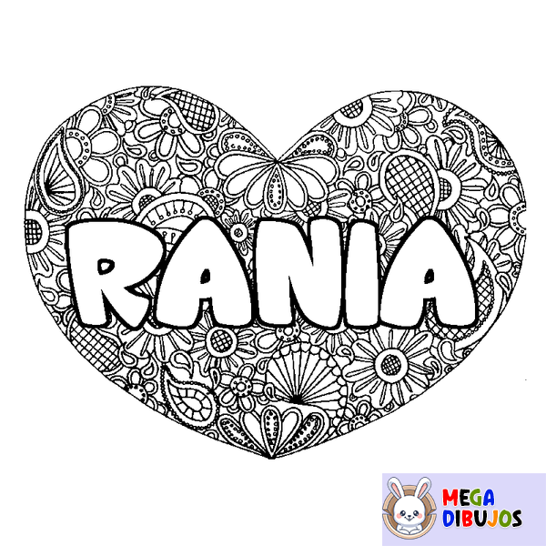 Coloraci&oacute;n del nombre RANIA - decorado mandala de coraz&oacute;n