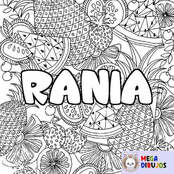 Coloraci&oacute;n del nombre RANIA - decorado mandala de frutas
