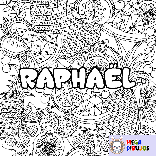 Coloraci&oacute;n del nombre RAPHA&Euml;L - decorado mandala de frutas