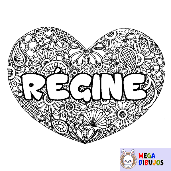 Coloraci&oacute;n del nombre R&Eacute;GINE - decorado mandala de coraz&oacute;n