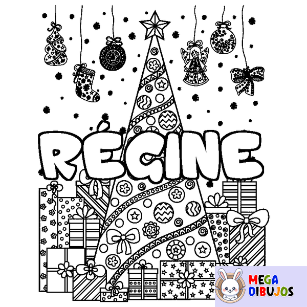 Coloraci&oacute;n del nombre R&Eacute;GINE - decorado &aacute;rbol de Navidad y regalos
