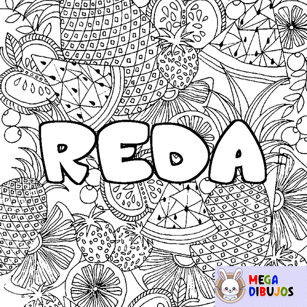 Coloraci&oacute;n del nombre REDA - decorado mandala de frutas
