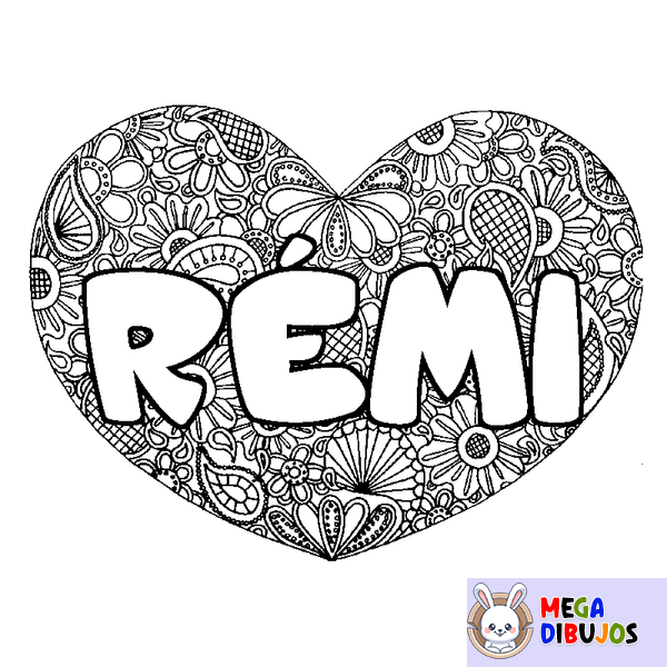 Coloraci&oacute;n del nombre R&Eacute;MI - decorado mandala de coraz&oacute;n