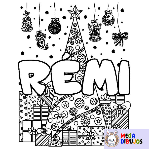 Coloraci&oacute;n del nombre R&Eacute;MI - decorado &aacute;rbol de Navidad y regalos