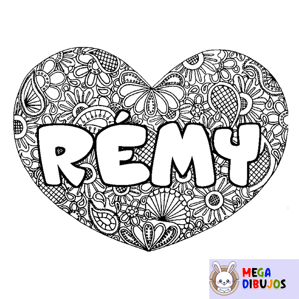 Coloraci&oacute;n del nombre R&Eacute;MY - decorado mandala de coraz&oacute;n