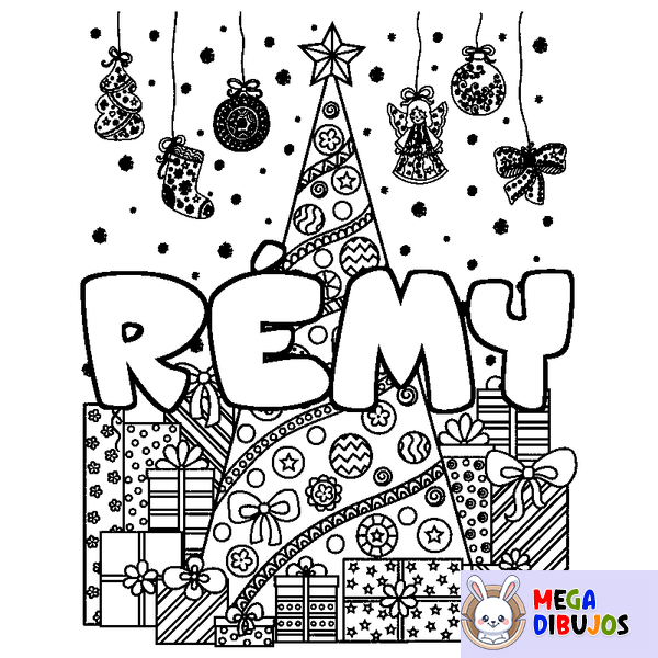 Coloraci&oacute;n del nombre R&Eacute;MY - decorado &aacute;rbol de Navidad y regalos