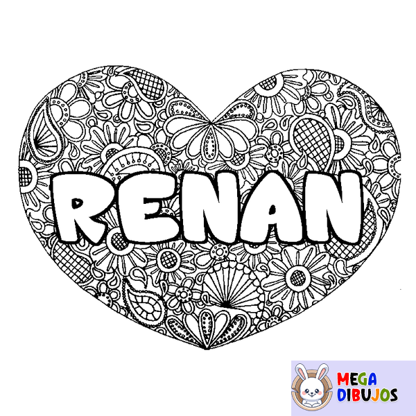 Coloraci&oacute;n del nombre RENAN - decorado mandala de coraz&oacute;n