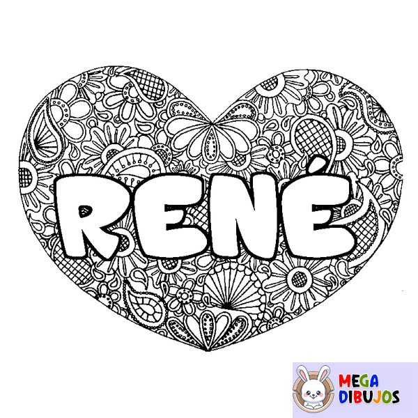 Coloraci&oacute;n del nombre REN&Eacute; - decorado mandala de coraz&oacute;n