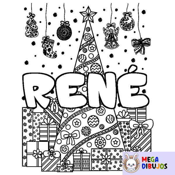 Coloraci&oacute;n del nombre REN&Eacute; - decorado &aacute;rbol de Navidad y regalos