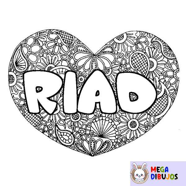 Coloraci&oacute;n del nombre RIAD - decorado mandala de coraz&oacute;n