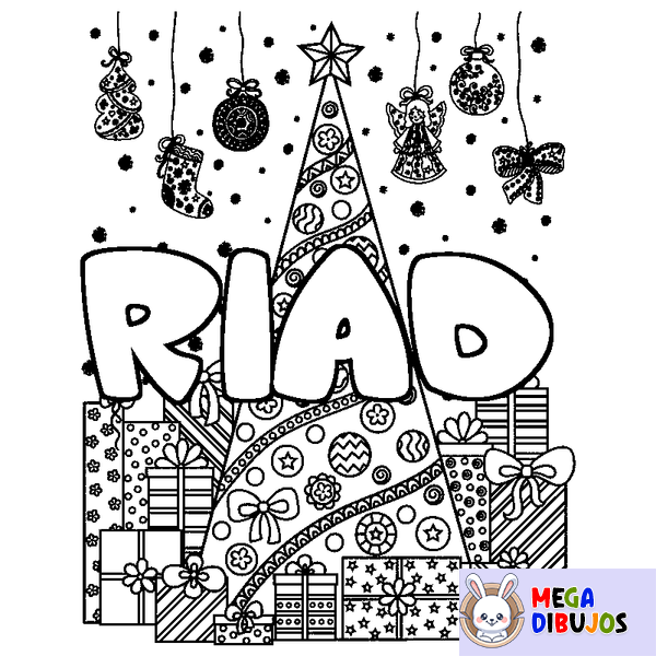 Coloraci&oacute;n del nombre RIAD - decorado &aacute;rbol de Navidad y regalos