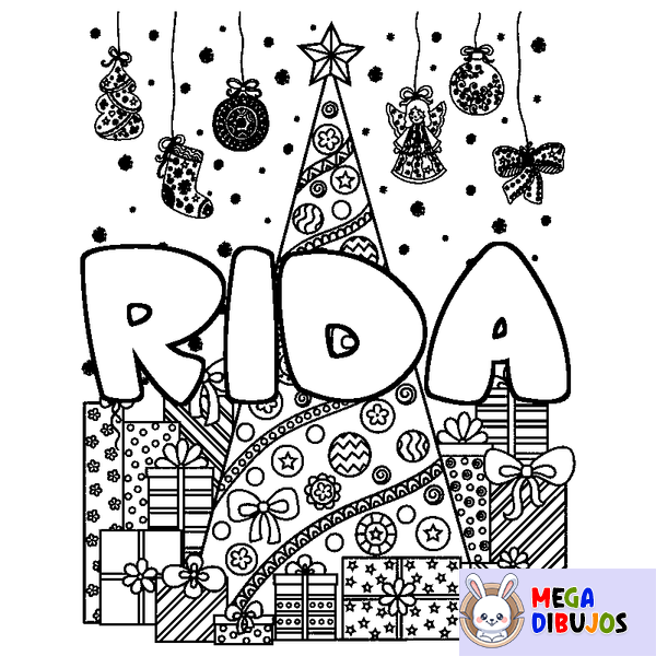 Coloraci&oacute;n del nombre RIDA - decorado &aacute;rbol de Navidad y regalos