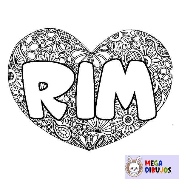 Coloraci&oacute;n del nombre RIM - decorado mandala de coraz&oacute;n