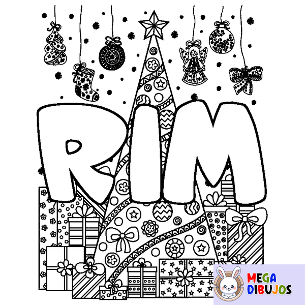 Coloraci&oacute;n del nombre RIM - decorado &aacute;rbol de Navidad y regalos